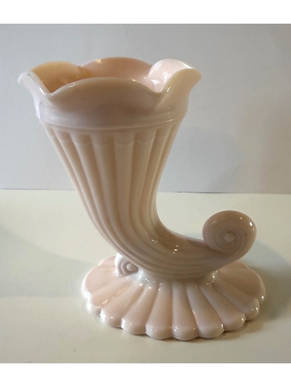 Vintage Jeannette Shell Pink Milk Glass Cornucopia Vase 1950s